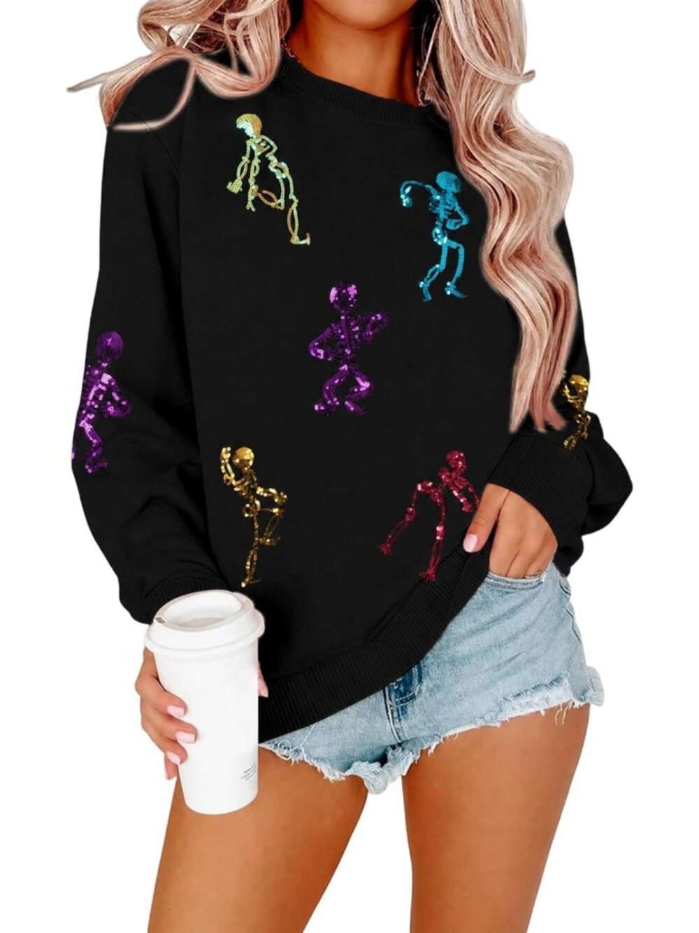 Spooky Season Sweatshirt for Women | Sequin Skeleton Halloween Sweater